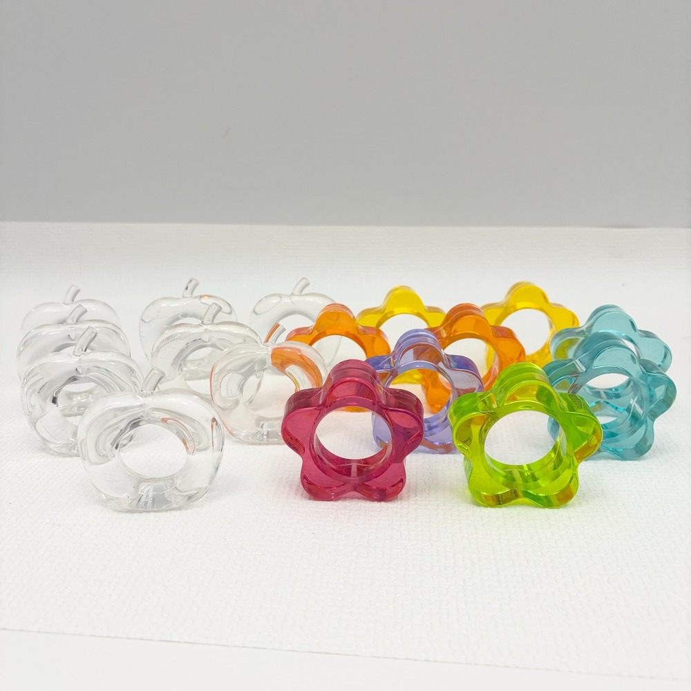 Vintage Napkin Rings Acrylic Apple and Flower Lot 17pc Clear Multicolor